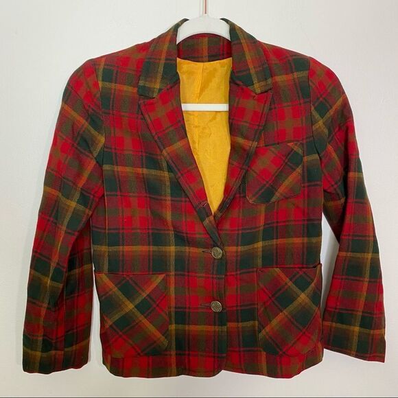 VINTAGE Wool Red Plaid Maple Leaf Tartan Jacket and Trouser Set - Size 0 - Picture 1 of 11